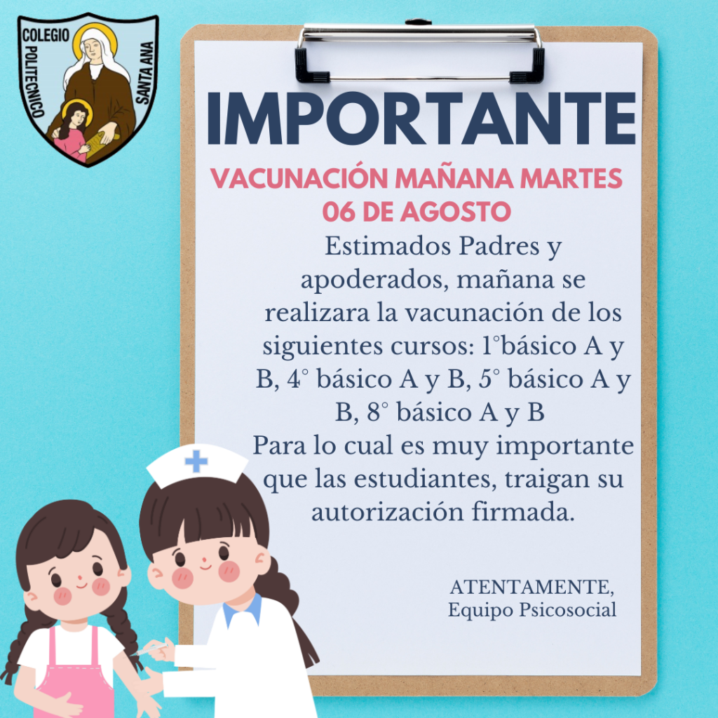 Importante! Vacunación mañana martes 06 de agosto